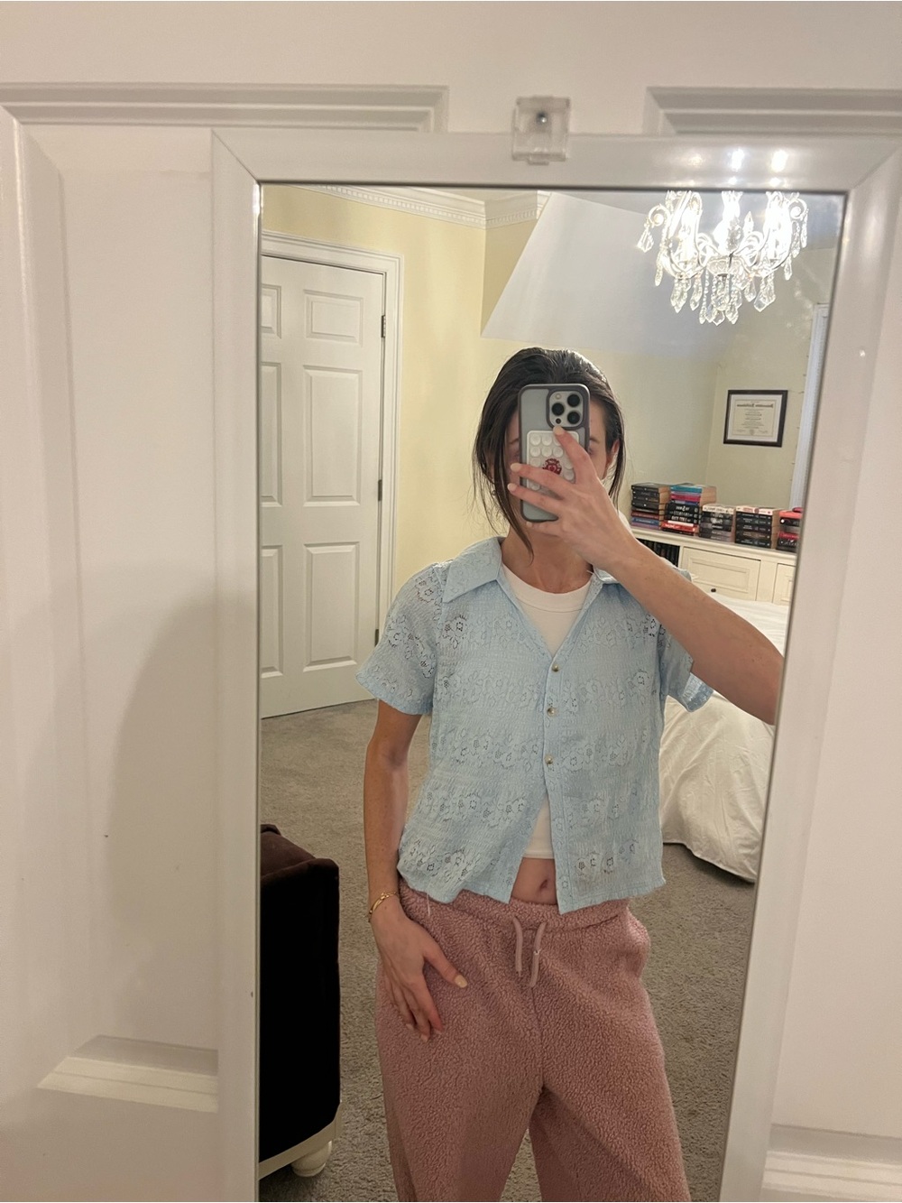 Le Lis Light Blue Lace Short Sleeve Button-Down Top